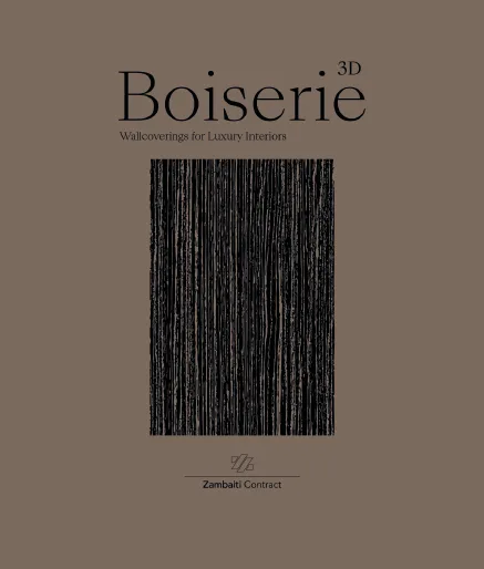 La copertina grigio ardesia del catalogo Boiserie 3D, con un campione a righe di legno